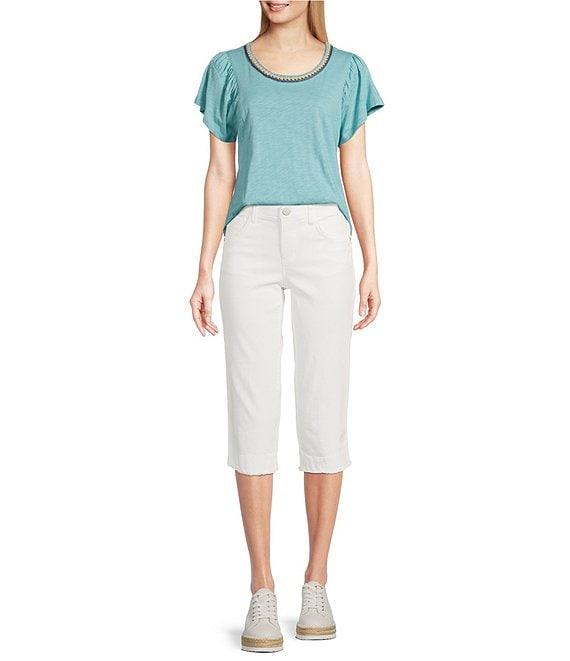 Democracy Contrast Crochet Scoop Neck Ruched Detail Short Sleeve Knit Top Product Image