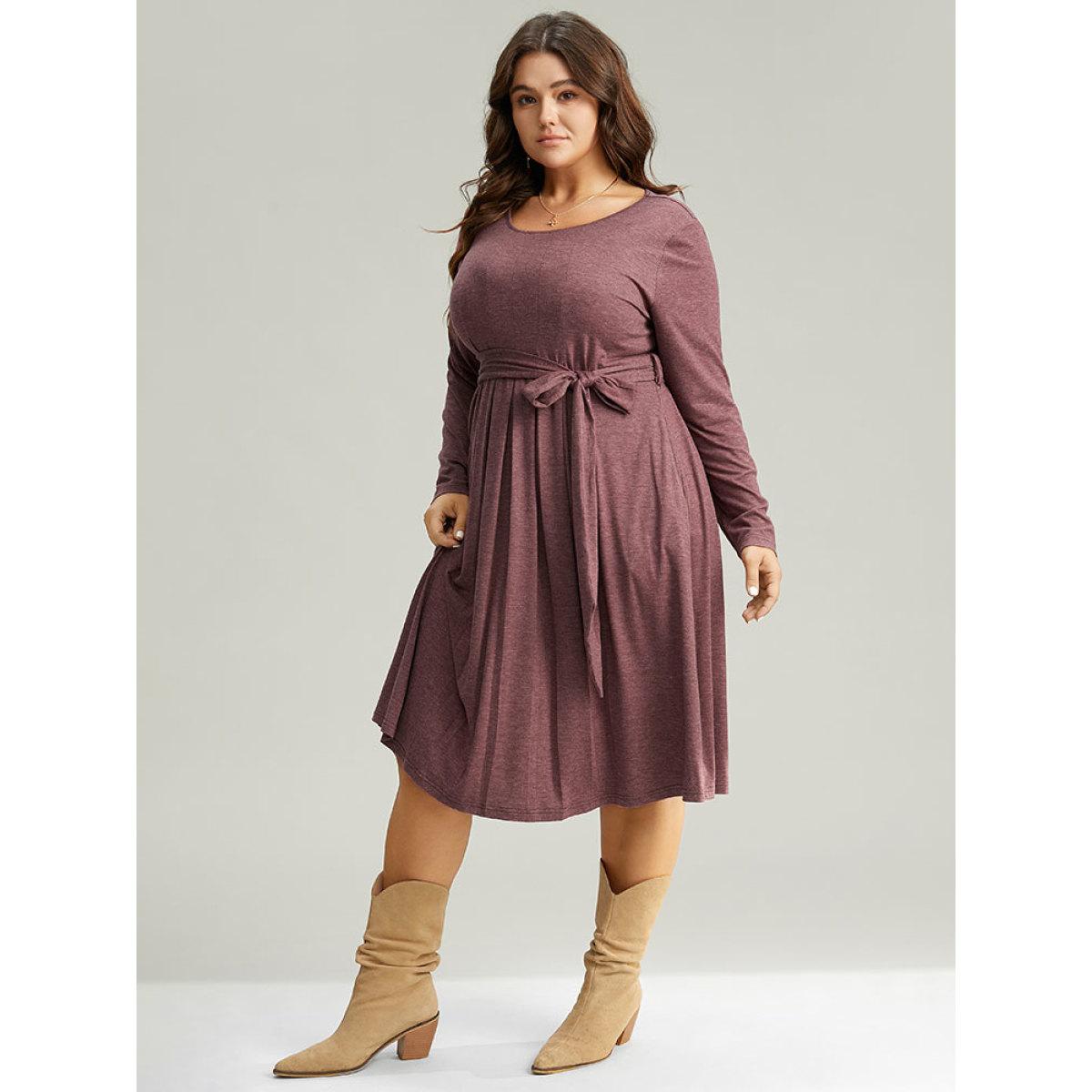 Plus Size Plain Pleated Hem Belted Long Sleeve Dress DustyPink Women Elegant Plain Round Neck Long Sleeve Curvy Midi Dress BloomChic 14-16/1X Product Image