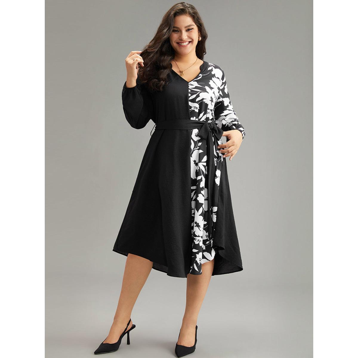 Plus Size Silhouette Floral Print Patchwork Pocket Dress Black Women Office Elastic cuffs Notched collar Long Sleeve Curvy Midi Dress BloomChic 30/6X Product Image