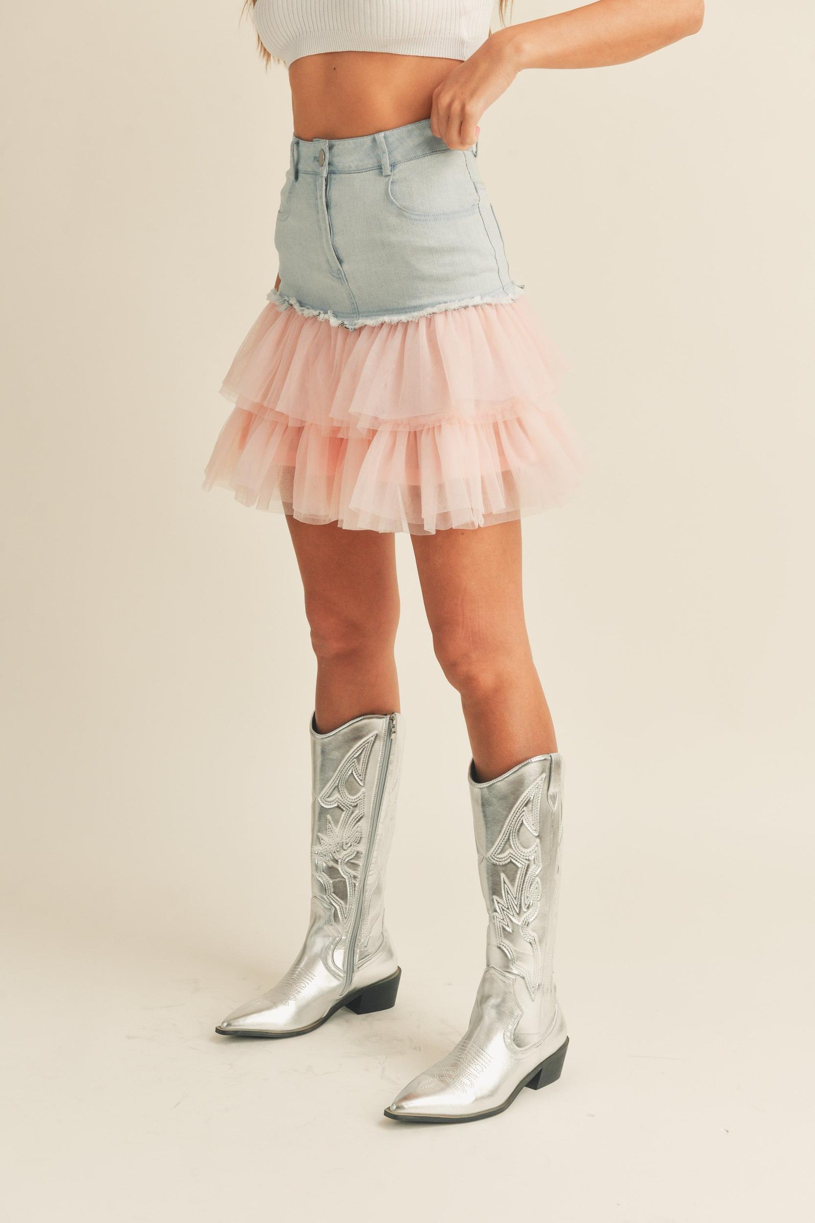 Denim Mini Skirt with Tulle Product Image