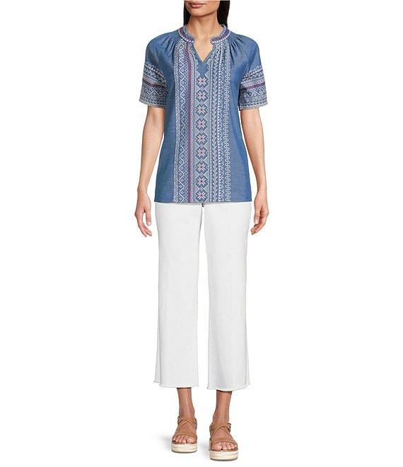 Calessa Petite Size Split V-Neck Short Sleeve Embroidered Tunic Product Image