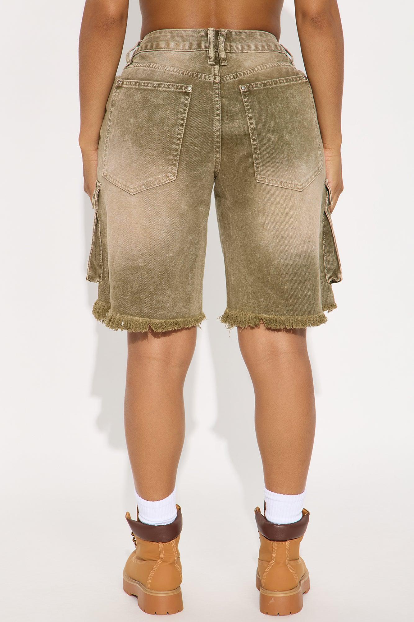 Live And Learn Cargo Denim Jorts - Olive Female Product Image