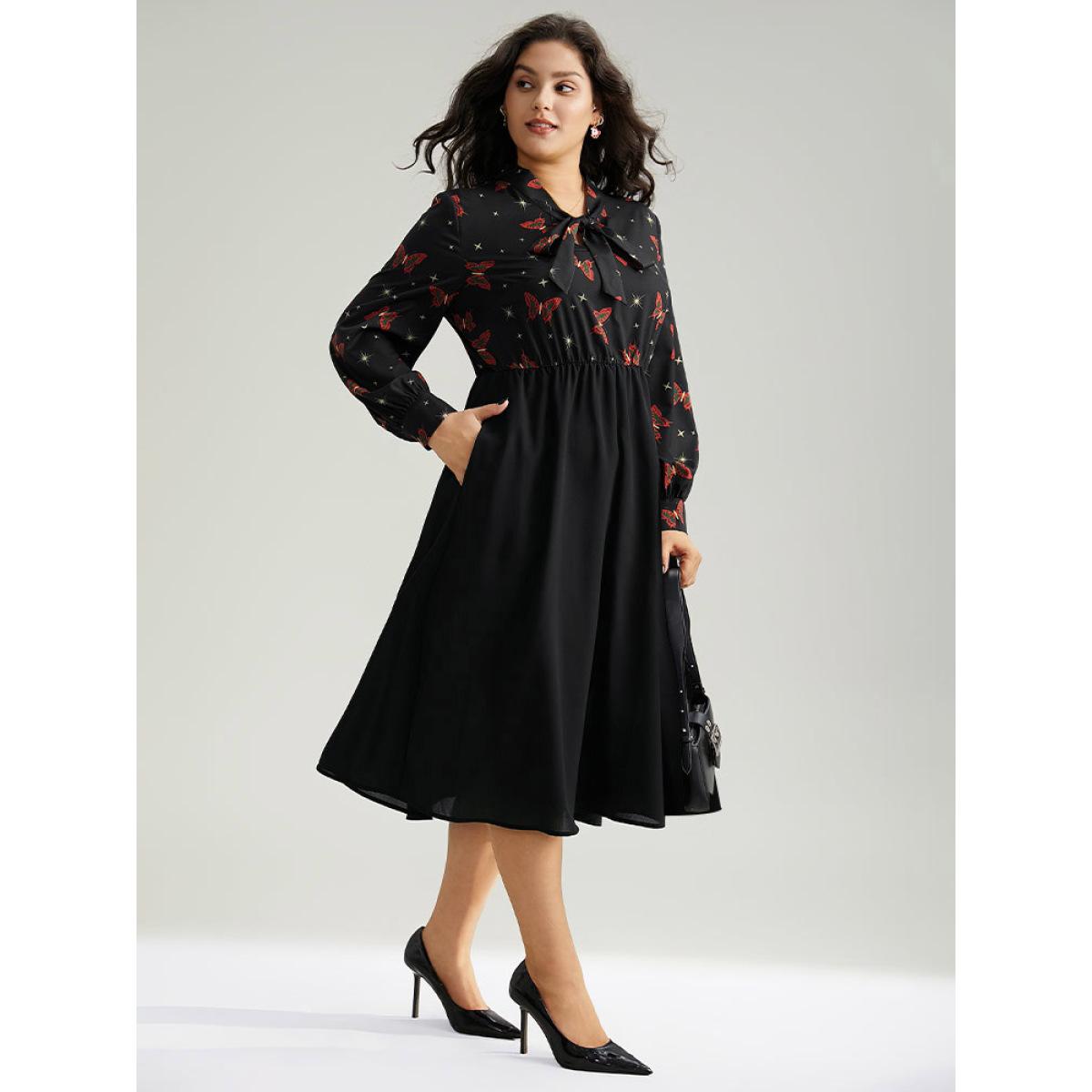 Plus Size Christmas Butterfly Patchwork Tie Neck Dress Black Women Office Cross straps Tie Neck Long Sleeve Curvy Midi Dress BloomChic 28/5X Product Image