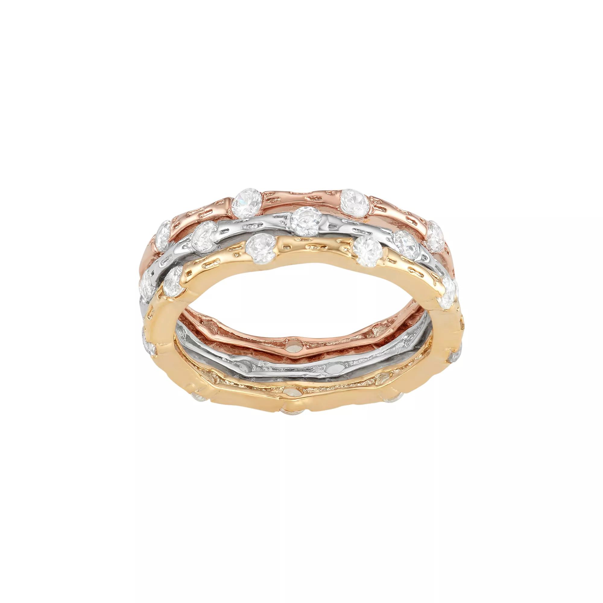 Cubic Zirconia Tri-Tone Sterling Silver Textured Stack Ring Set, Women's, Size: 7, Multicolor Product Image