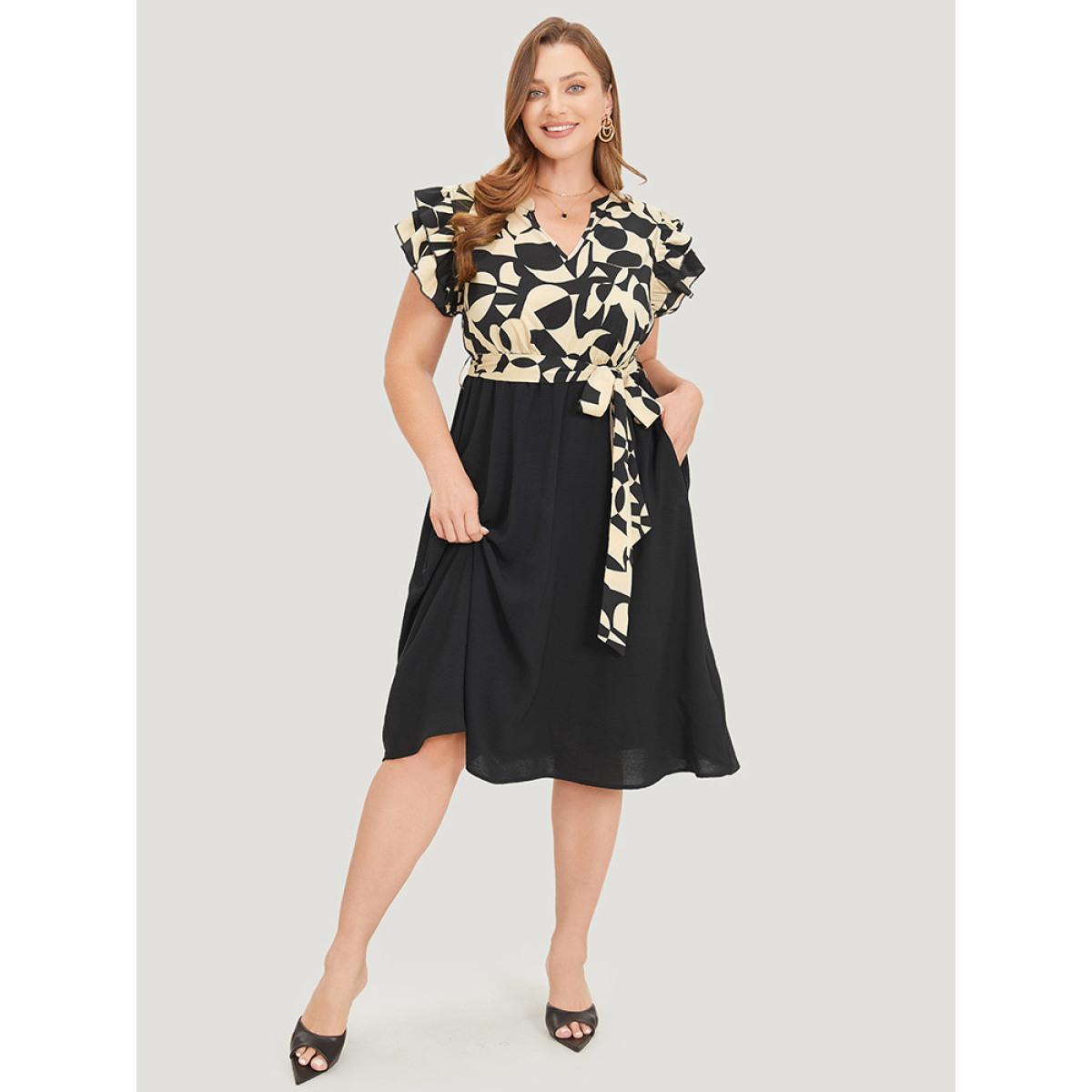 Plus Size Geometric Pocket Belted Ruffle Sleeve Notched Dress Tan Women Office Plain Notched collar Cap Sleeve Curvy Midi Dress BloomChic 30/6X Product Image
