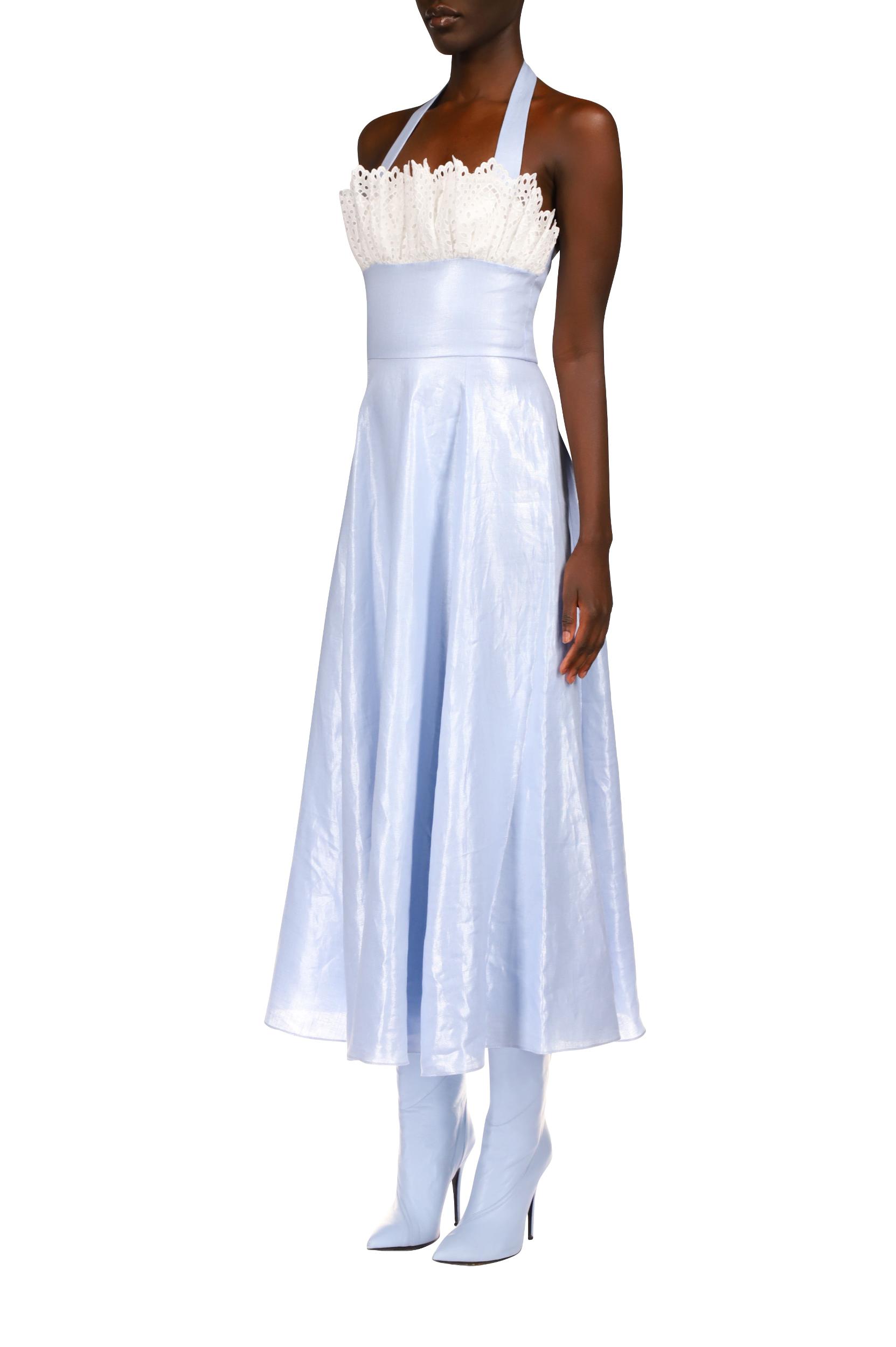 Blue Metallic Linen and Cotton Eyelet Dress Product Image