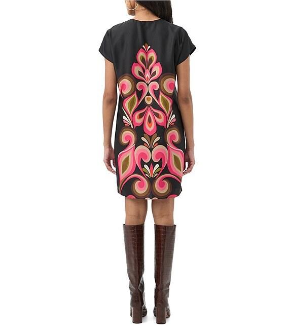 Trina Turk Hasil Placement Print Satin Georgette Zip Neck Cap Sleeve Dress Product Image