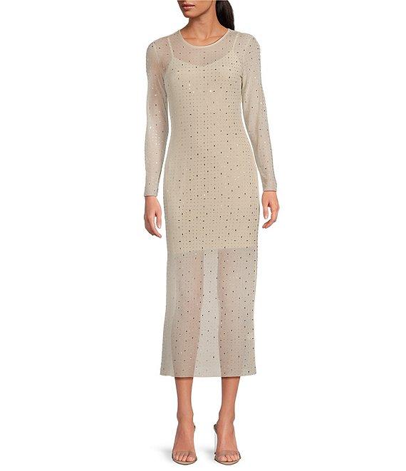 Gianni Bini Tilly Rhinestone Mesh Crew Neck Long Sleeve Midi Dress Product Image