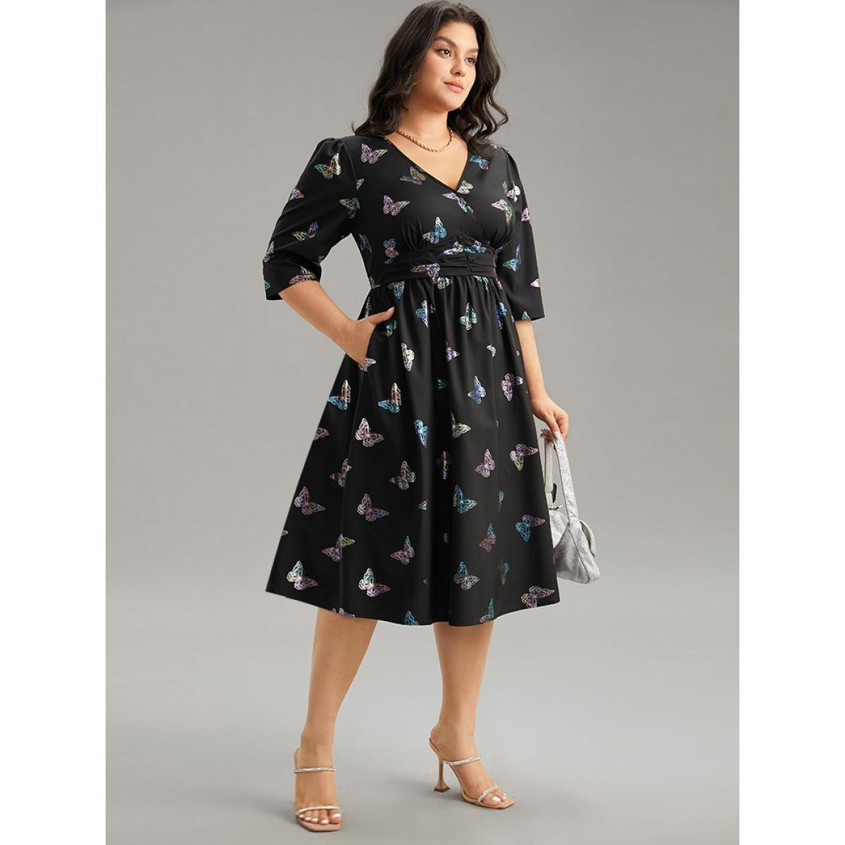 Plus Size Butterfly Glitter V Neck Ruched Dress Black Women Party Wrap Overlap Collar Half Sleeve Curvy Midi Dress BloomChic 26/4X Product Image