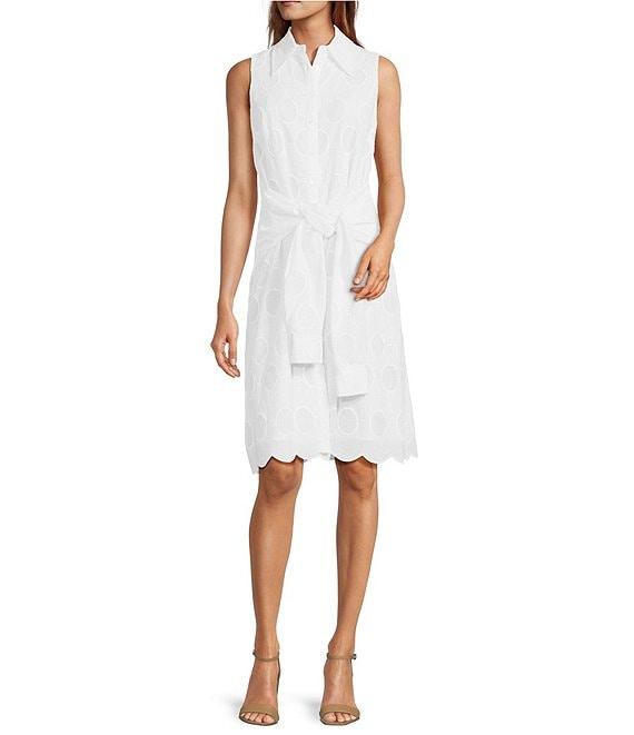 Trina Turk Rally Eyelet Point Collar Sleeveless Tie Front Scallop Dress Product Image