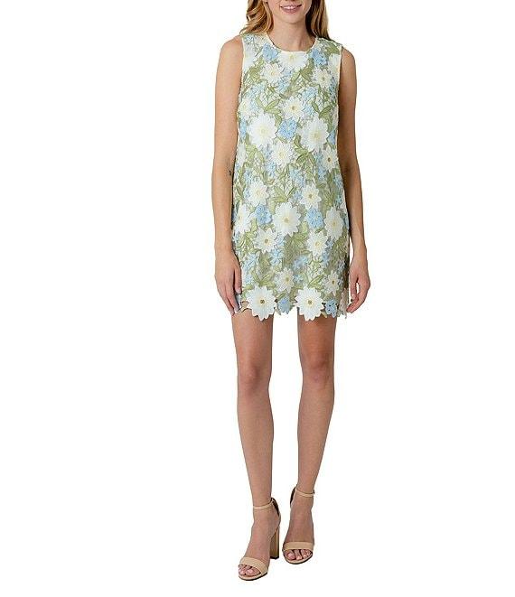 Sam Edelman Embroidered Floral Lace Crew Neck Sleeveless Shift Mini Dress Product Image