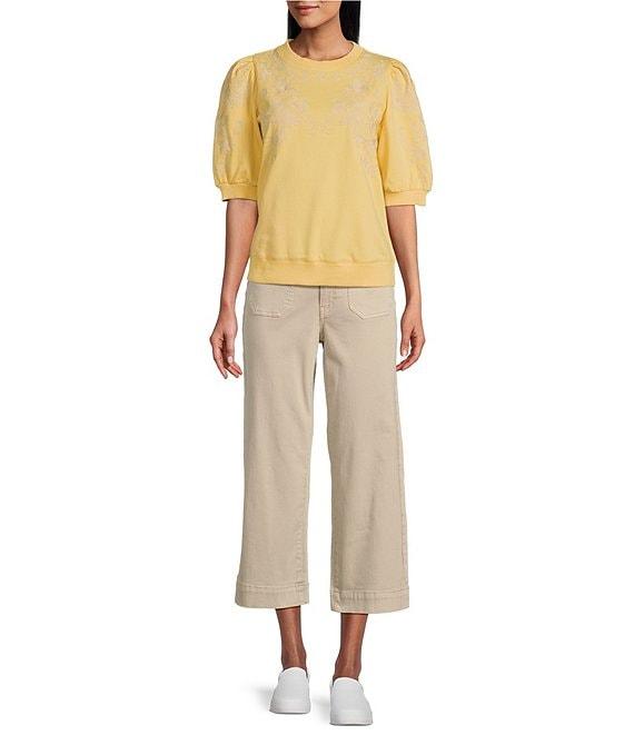 Nurture by Westbound Petite Size Knit Crew Neck Floral Embroidered Elbow Sleeve Top Product Image