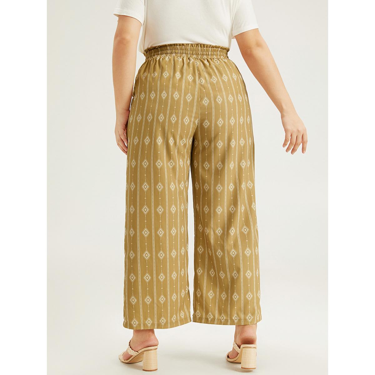 Plus Size Boho Print Drawstring Elastic Waist Pants Women Yellow Vacation Straight Leg High Rise Dailywear Pants BloomChic 10/M Product Image