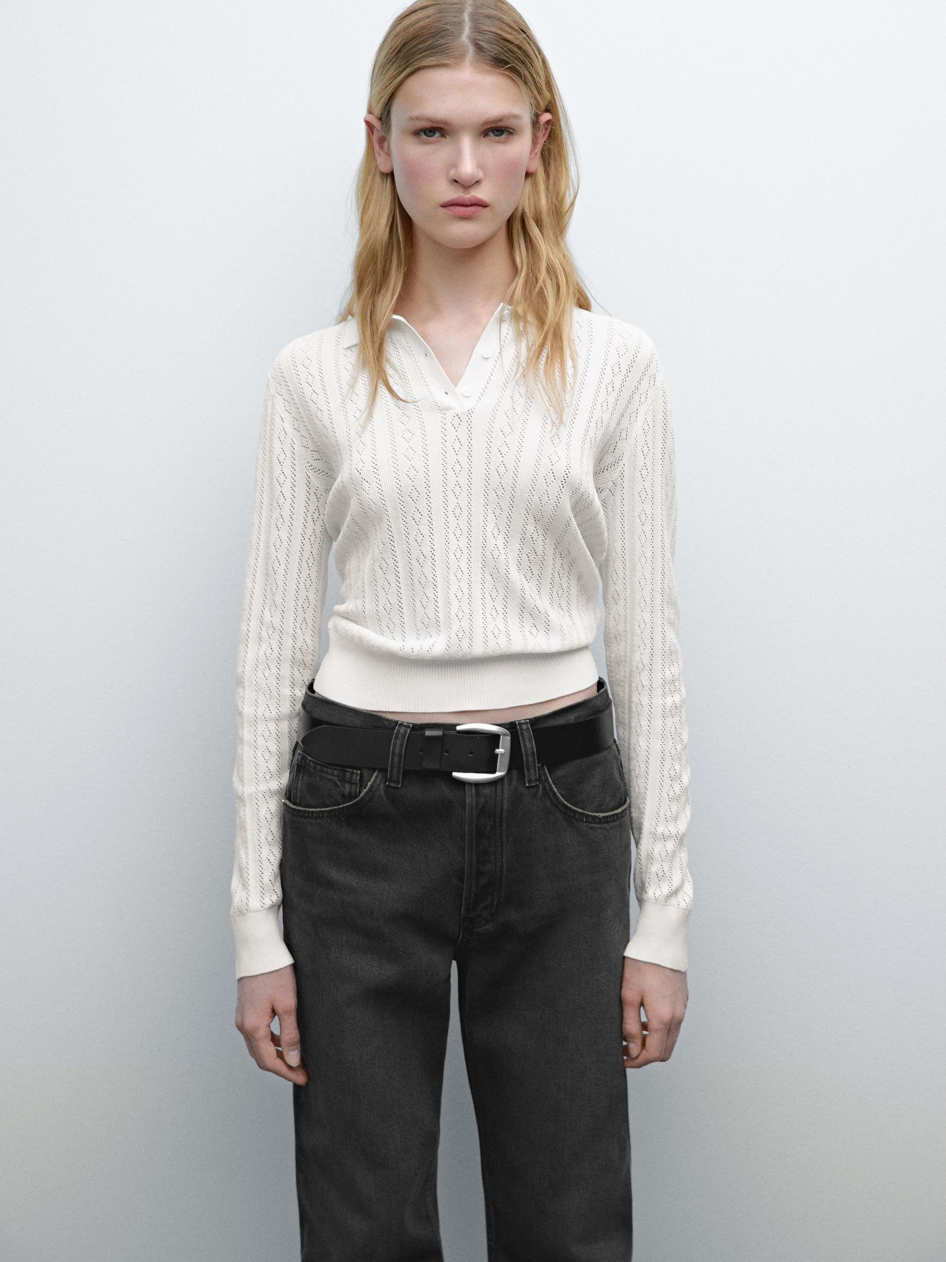 Cotton blend knit polo collar sweater Product Image