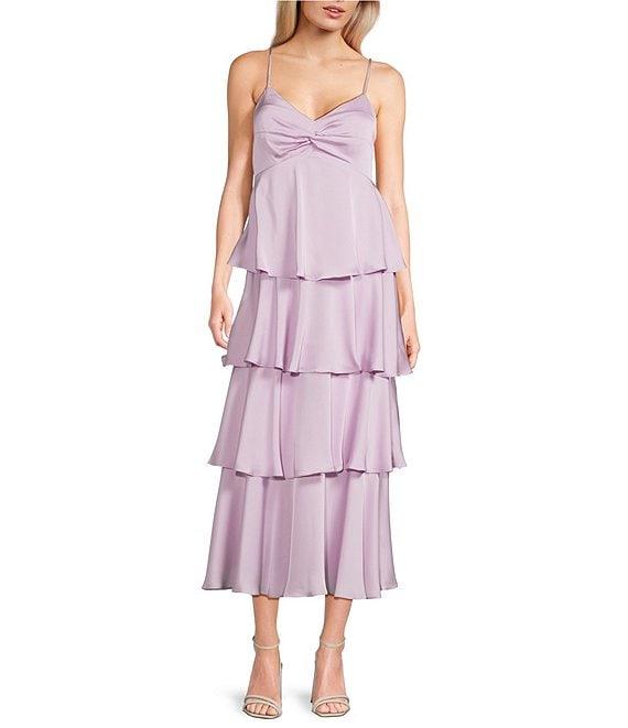 Next Up Spaghetti Strap Twist Tiered Midi Ruffle Skirt Dress Product Image