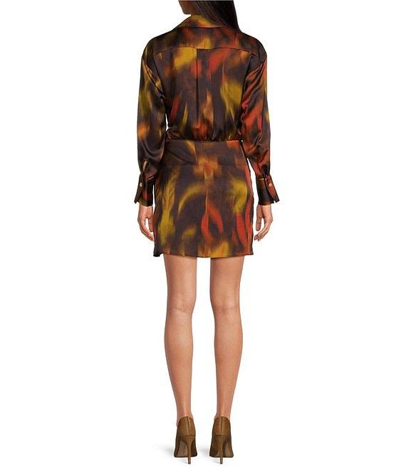 Gianni Bini Avery Border Blur Satin Point Collar V-Neck Long Sleeve Tie Side Wrap Mini Dress Product Image
