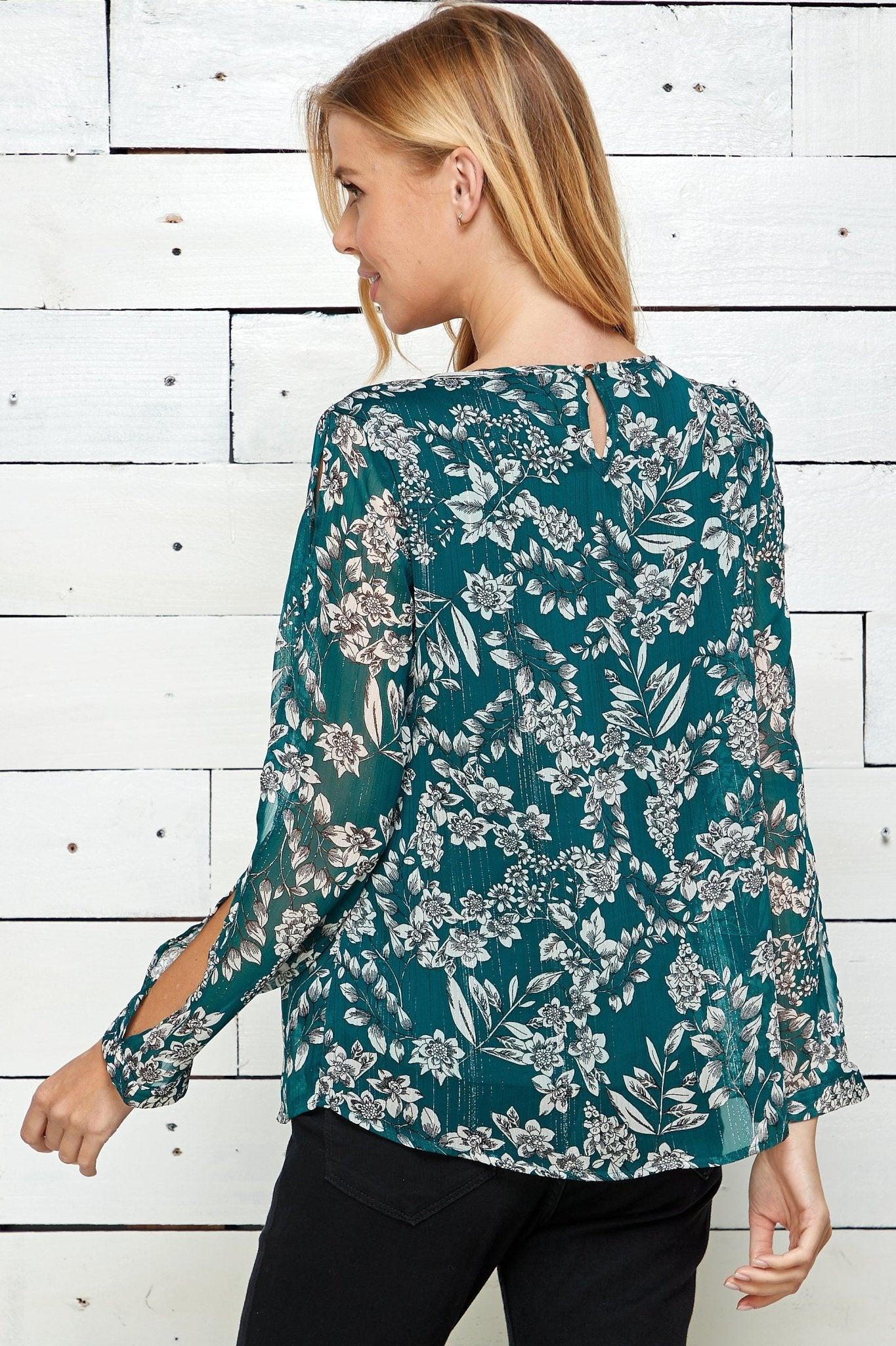 Long Sleeve Cold Shoulder Keyhole Neck Blouse Product Image