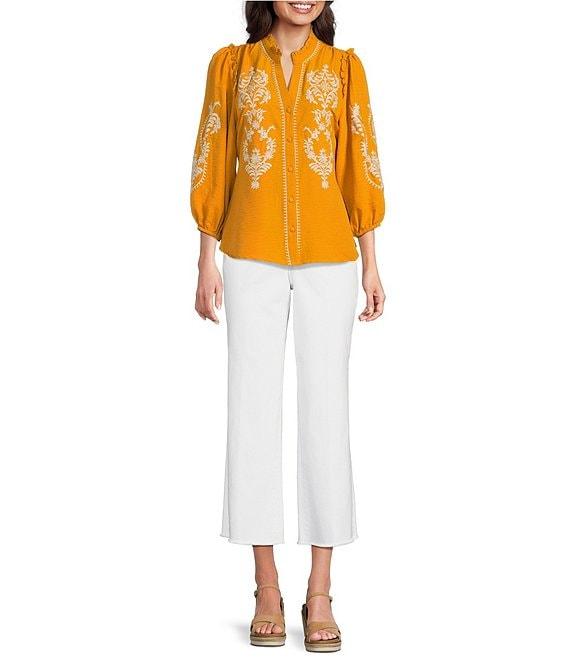 Calessa Embroidered Placement Print Ruffle Split V-Neck 3/4 Sleeve Button-Front Tunic Product Image