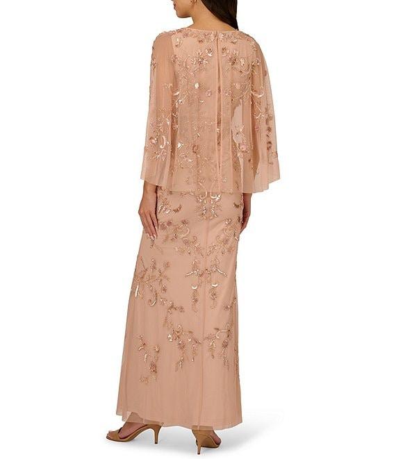 Adrianna Papell Beaded Mesh Floral Print V Neck Long Flutter Sleeve Capelet Long Gown Product Image