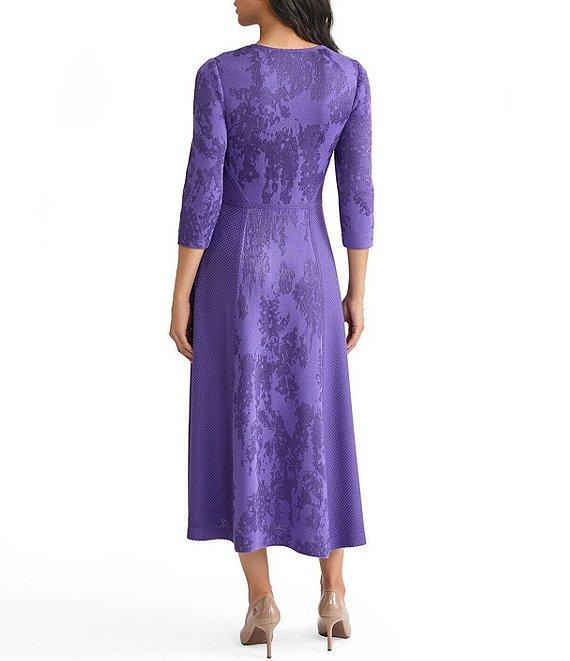 MISOOK Knit Jacquard V-Neck 3/4 Sleeve A-Line Tonal Dress Product Image