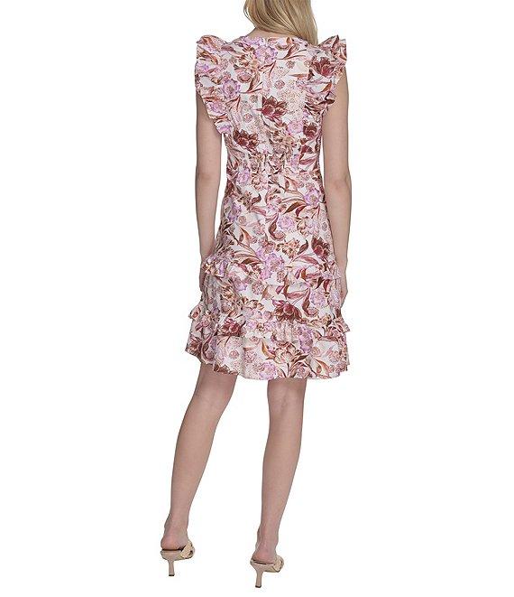 Eliza J Split V Neck Ruffle Trim Printed Poplin Shift Dress Product Image