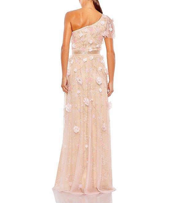 Mac Duggal Embellished Mesh 3D Floral One Shoulder Short Sleeve Column Gown Product Image