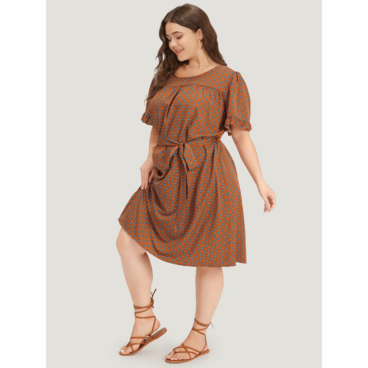 Plus Size Bandana Print Flutter Trim Pocket Belted Dress Chocolate Women Vacation Belted Round Neck Short sleeve Curvy Midi Dress BloomChic 14-16/1X Product Image