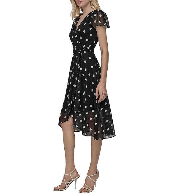 DKNY by Donna Karan Chiffon Dotted Print V Neck Short Flutter Sleeve Belted Wrap Midi Dress Product Image