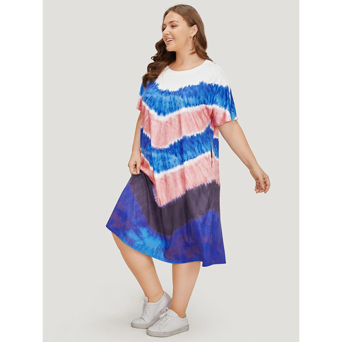 Plus Size Geometric Contrast Pocket Tie Dye Midi Dress Multicolor Women Casual Printed Round Neck Short sleeve Curvy Midi Dress BloomChic 14-16/1X Product Image