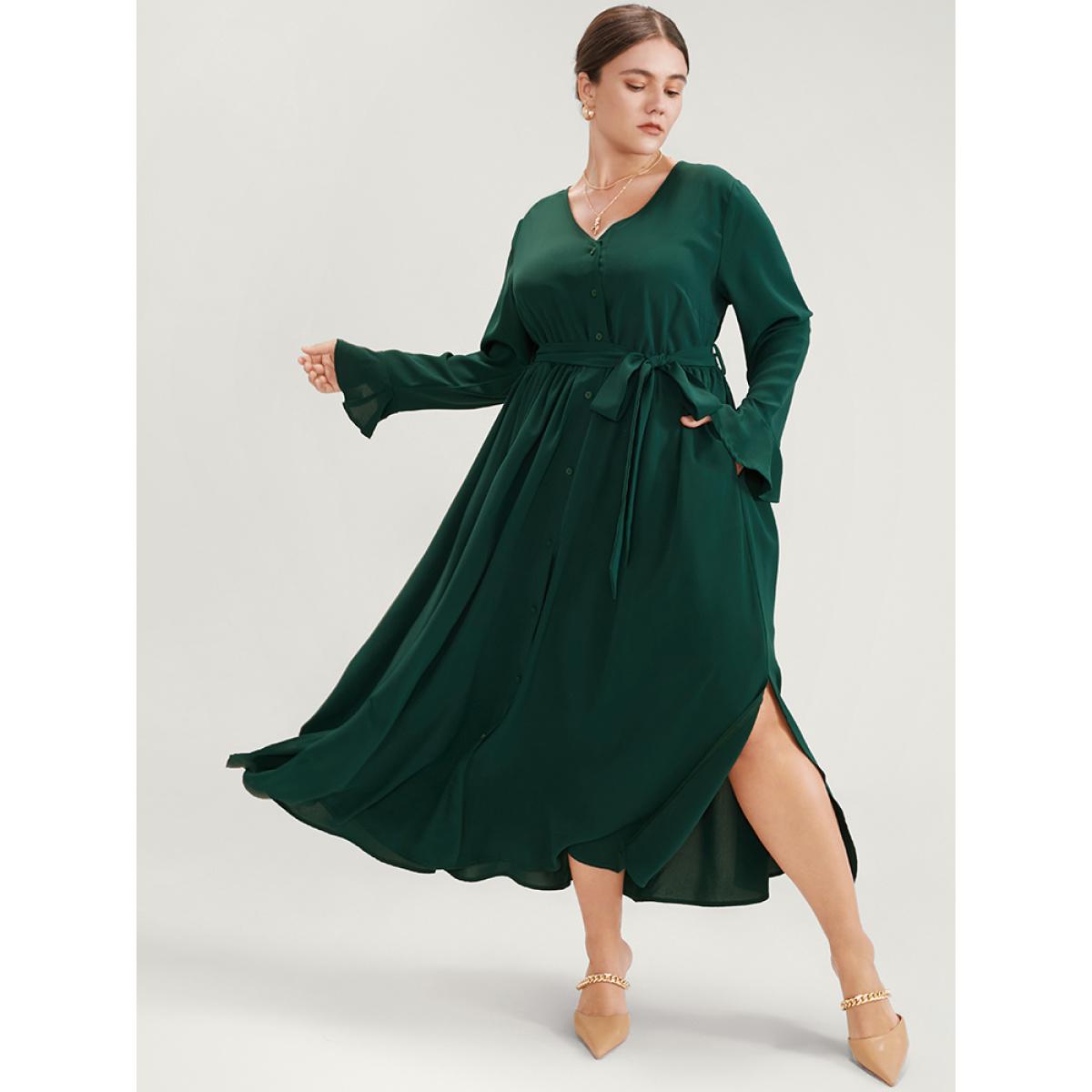 Plus Size Solid V Neck Ruffled Button Detail Belted Split Maxi Dress Green Women Elegant Pocket V-neck Long Sleeve Curvy Long Dress BloomChic 28/5X Product Image