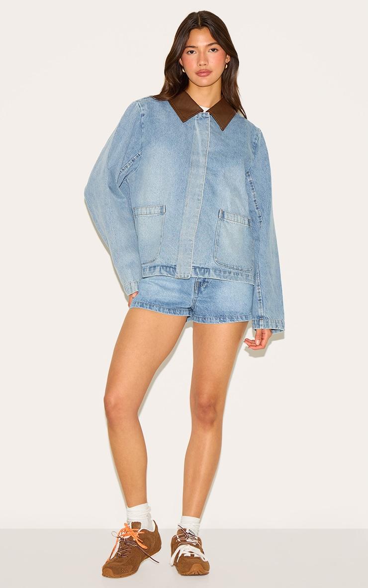 Light Vintage Blue Brown Collar Denim Jacket Product Image