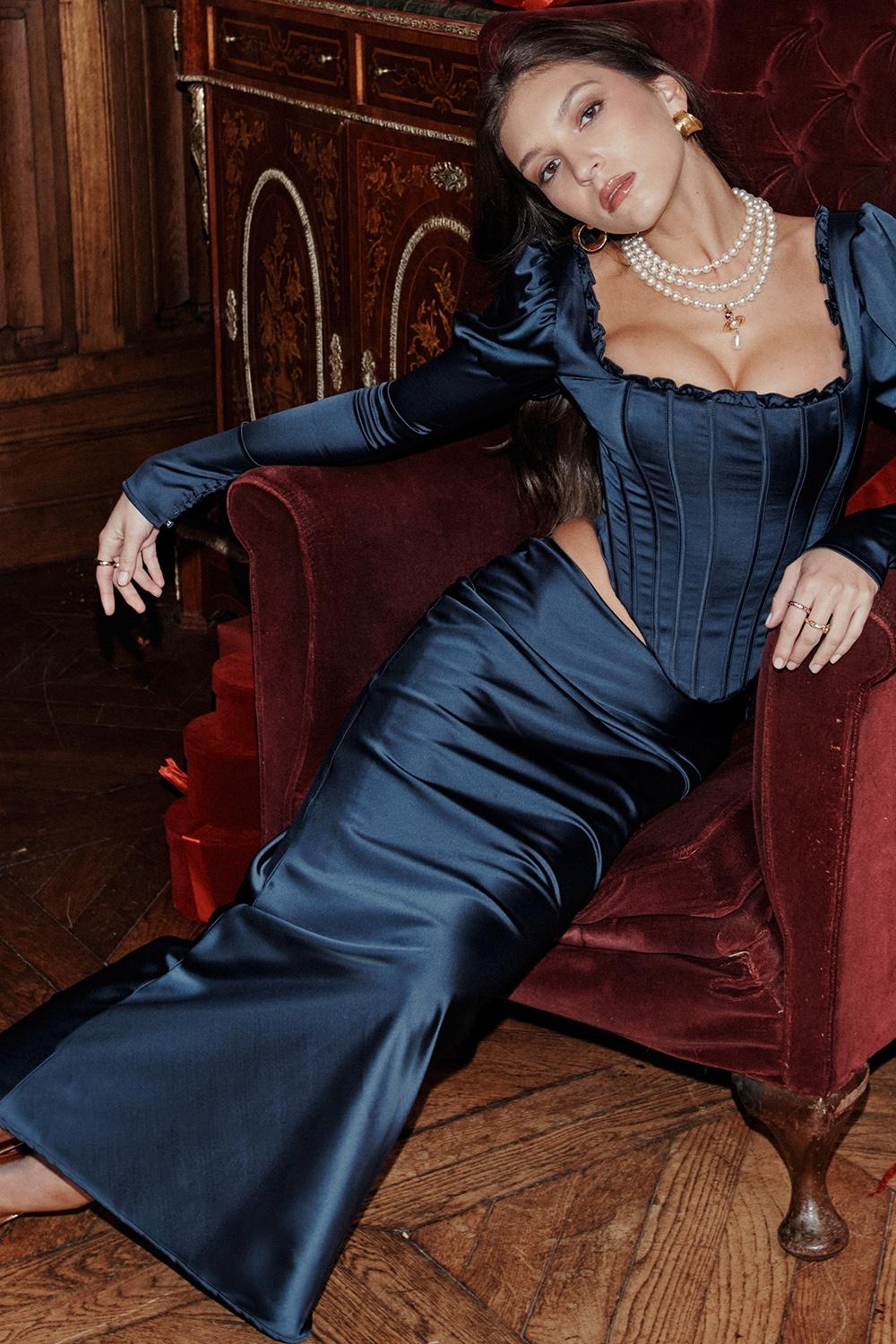 Charlene  navy satin bias cut maxi skirt Product Image