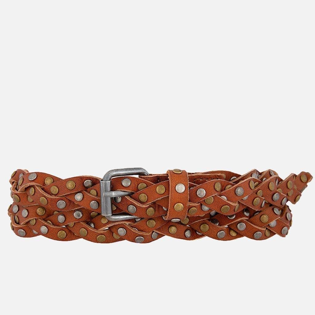 Amara | Silver Buckle Studded Braided Leather Belt Women: Taupe Product Image