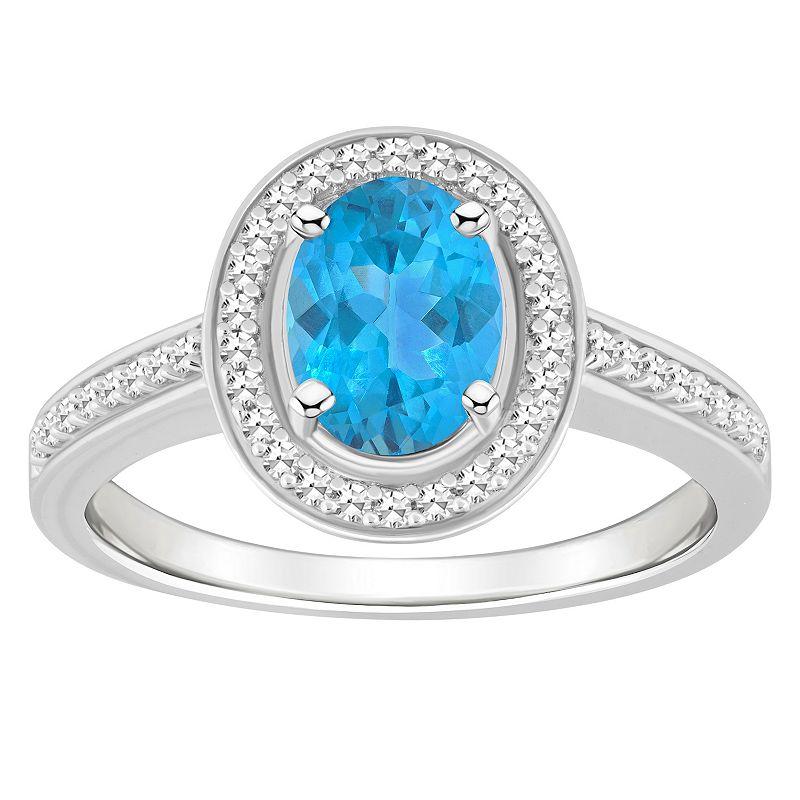 Celebration Gems Sterling Silver 8 mm x 6 mm Oval Gemstone & 1/5 Carat T.W. Diamond Halo Ring, Women's, Blue Topaz Product Image