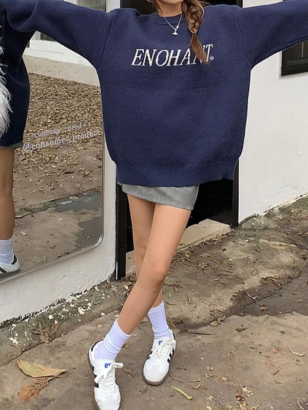 Simple Letter Jacquard Pullover Knit Sweater Product Image