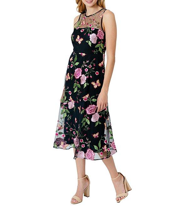 Sam Edelman 3D Floral Butterfly Crew Neck Sleeveless A-Line Midi Dress Product Image