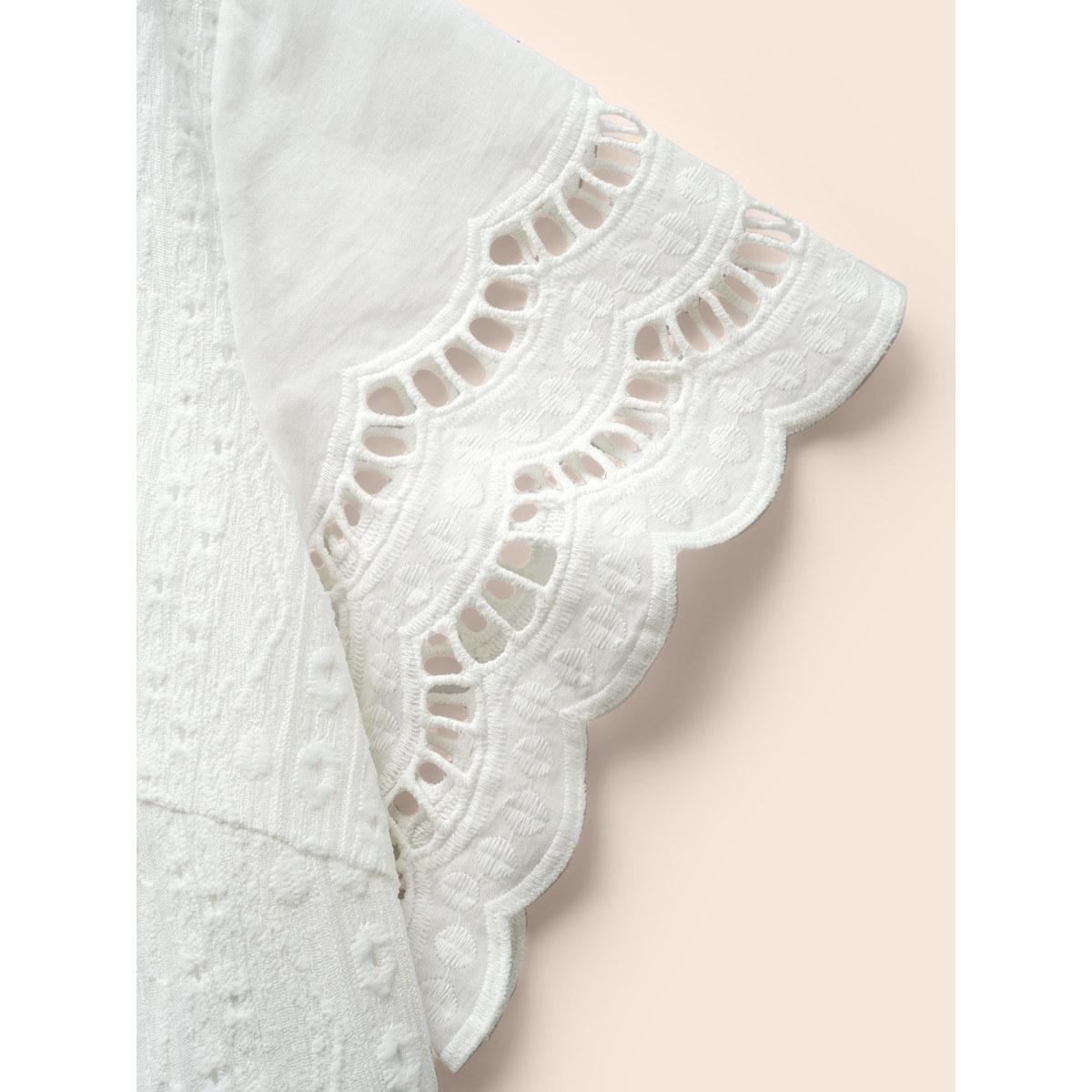 Plus Size V Neck Shirred Lace Patchwork Dress Ivory Women Elegant Woven ribbon&lace trim V-neck Short sleeve Curvy BloomChic 22-24/3X Product Image