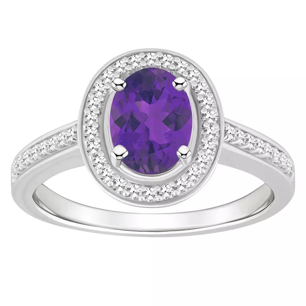 Celebration Gems Sterling Silver 8 mm x 6 mm Oval Gemstone & 1/5 Carat T.W. Diamond Halo Ring, Women's, Purple Product Image