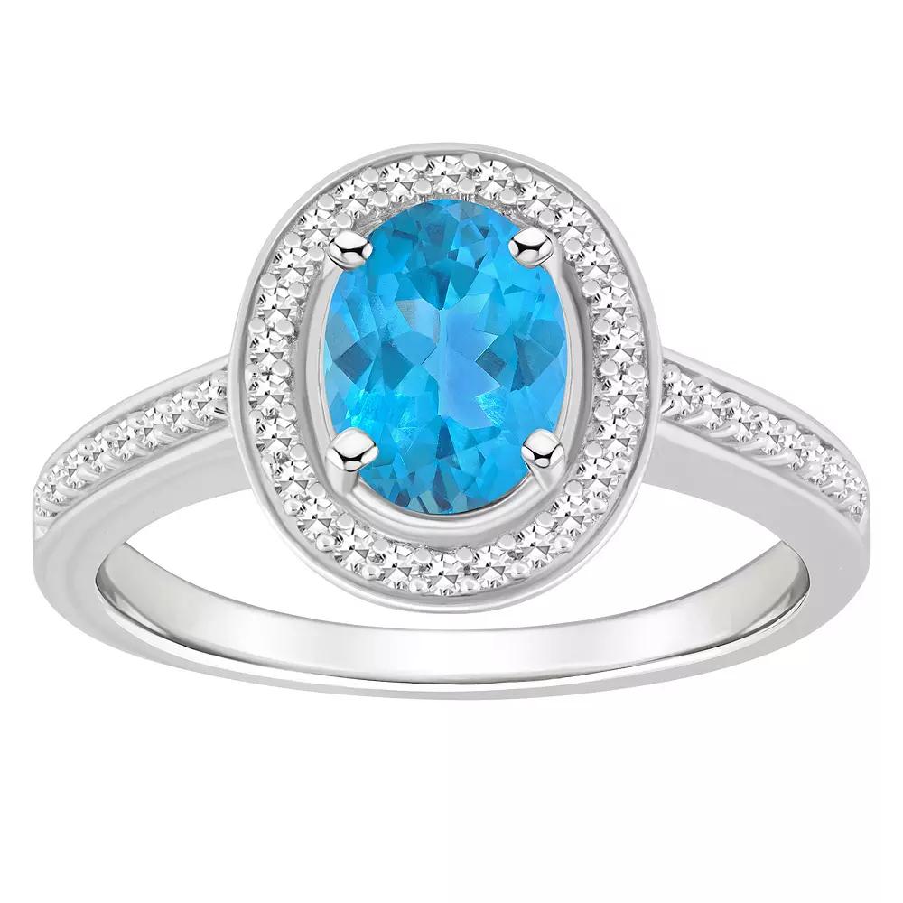 Celebration Gems Sterling Silver 8 mm x 6 mm Oval Gemstone & 1/5 Carat T.W. Diamond Halo Ring, Women's, Blue Topaz Product Image