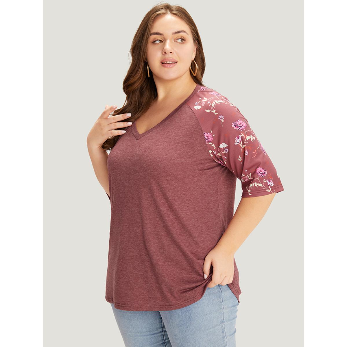 Plus Size Floral Patchwork Raglan Sleeve T-shirt Russet Women Elegant Patchwork Floral V-neck Work T-shirts BloomChic 26/4X Product Image