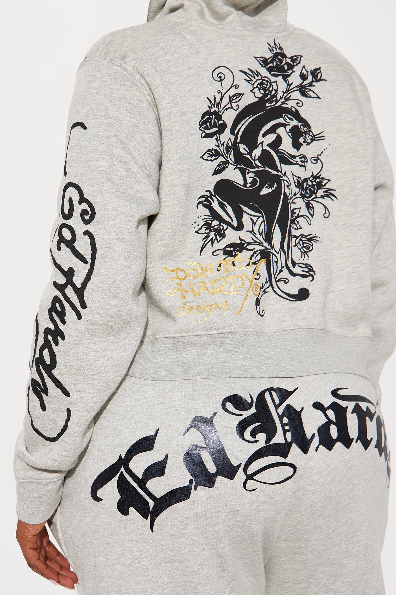 Heart Of Roses Ed Hardy Zip Front Hoodie - Heather Grey Product Image