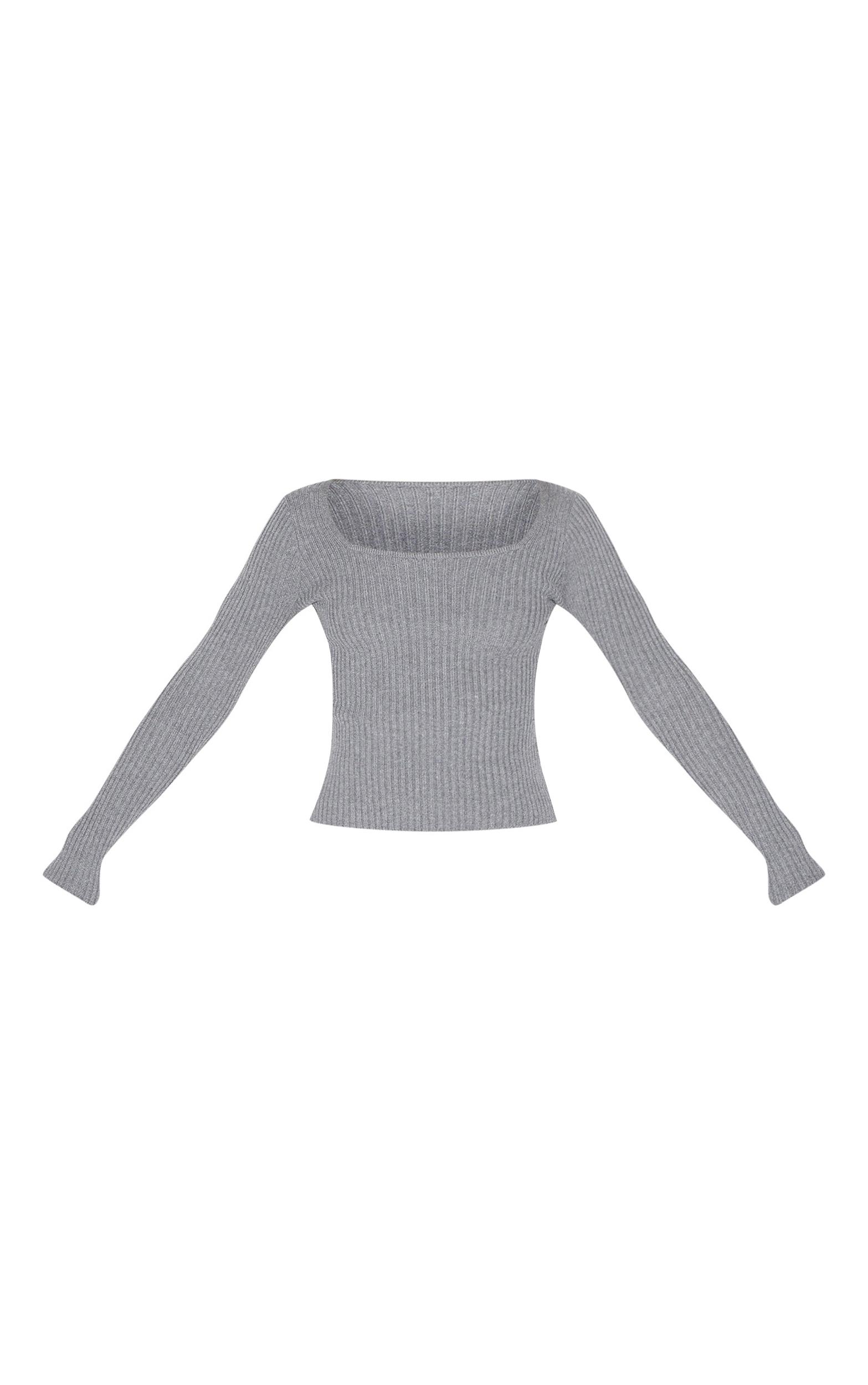 Tall Charcoal Rib Knit Square Neck Long Sleeve Top Product Image