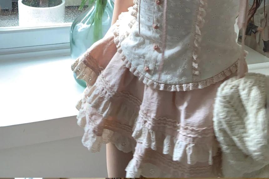 Set: Scoop Neck Ruffled-Trim Bow Accent Slim-Fit Tank Top + Low Waist Layered Mini Skirt Product Image