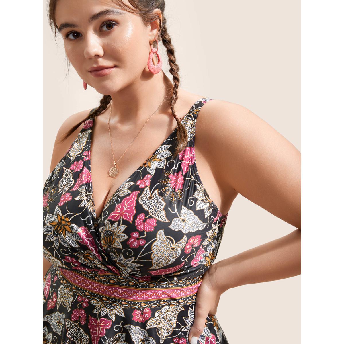 Plus Size Bandana Print Overlap Collar Swim Dress Women's Swimwear Black Beach Bodycon V-neck High stretch Curve Swim Dresses BloomChic 10/M Product Image