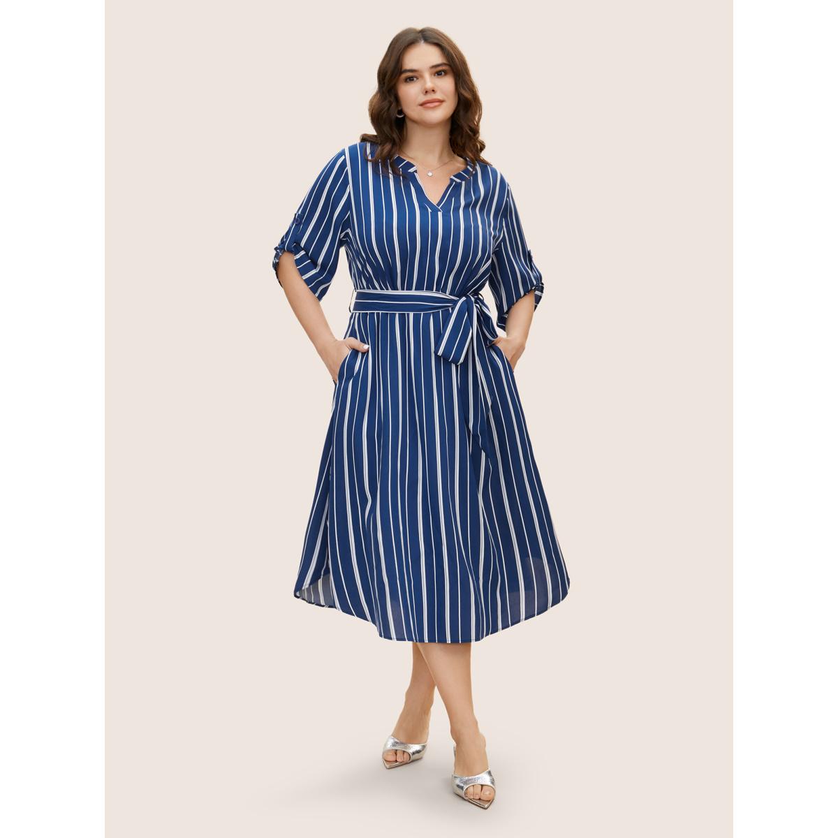 Plus Size Notched Striped Button Cuff Sleeve Dress Mediumblue Women Workwear Essentials Belted Flat collar with V-notch Half Sleeve Curvy BloomChic 12/L Product Image