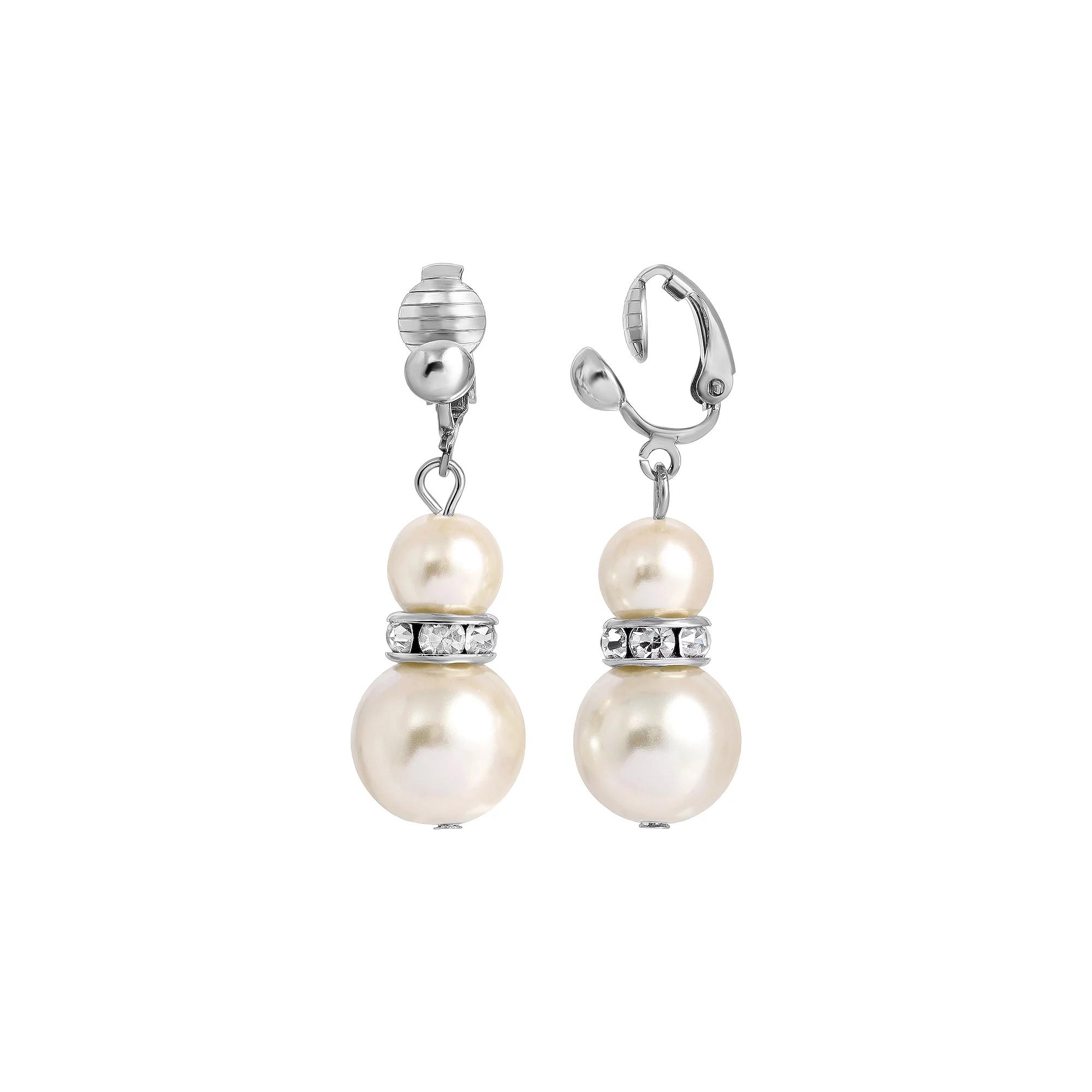 1928 Silver Tone Faux Pearl & Crystal Clip Earrings, Womens, White Product Image