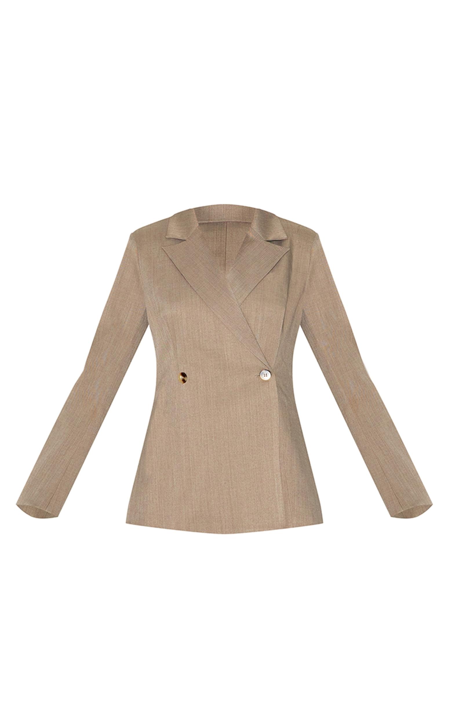  Mocha Brown Premium Tailored Woven Cinched Waist Fitted Blazer Product Image