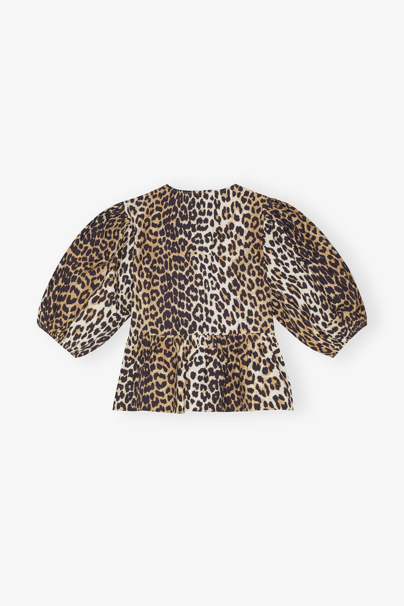 Leopard Cotton Poplin Peplum Tie Blouse Product Image