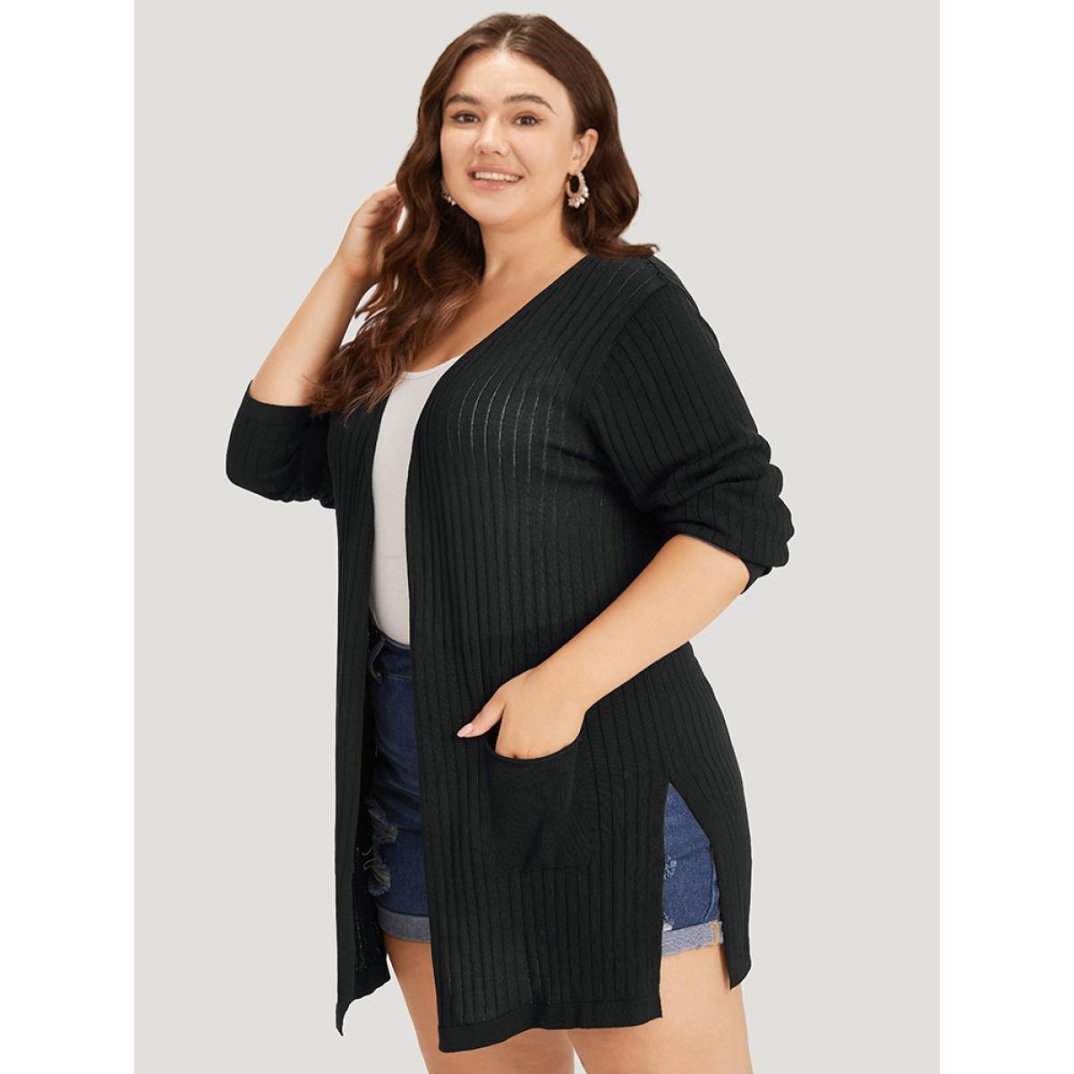 Plus Size Solid Rib Knit Pocket Lightweight Tunic Cardigan Black Women Basics Loose Long Sleeve Everyday Cardigans BloomChic 10/M Product Image