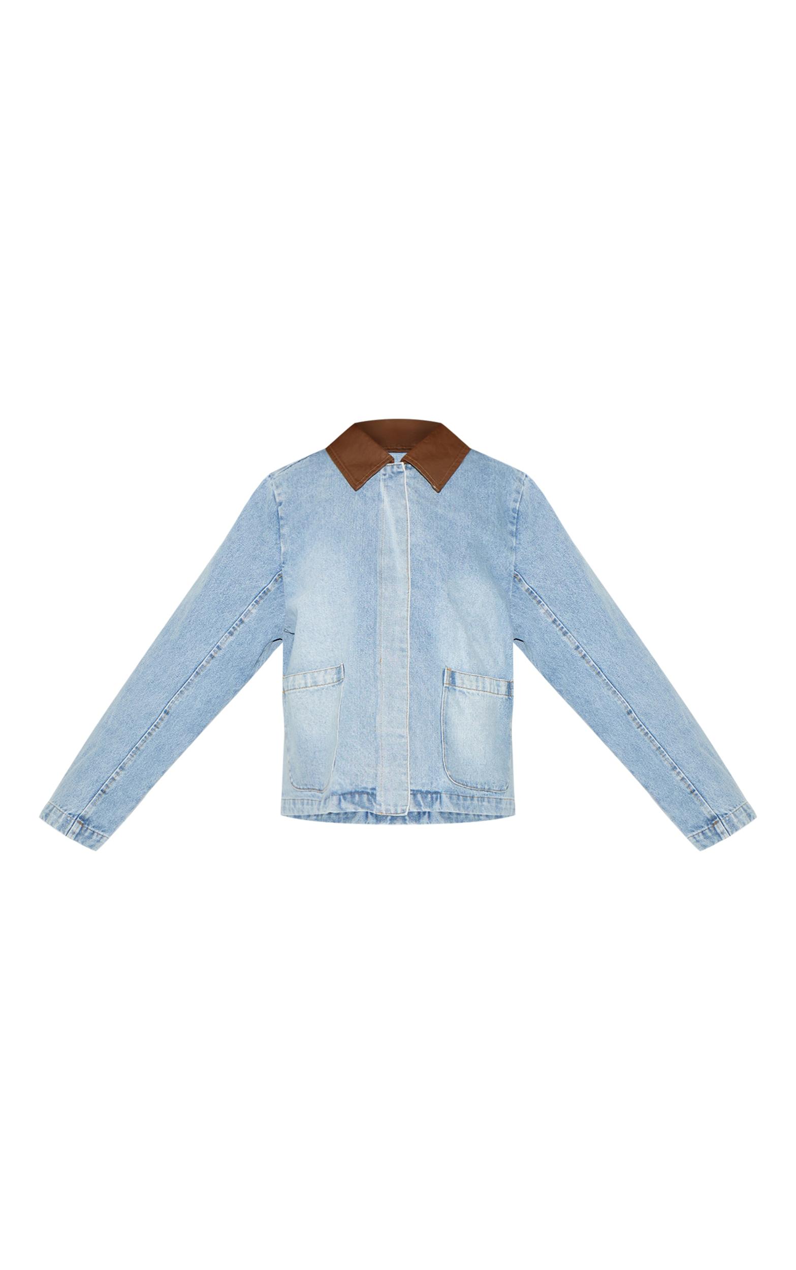 Light Vintage Blue Brown Collar Denim Jacket Product Image